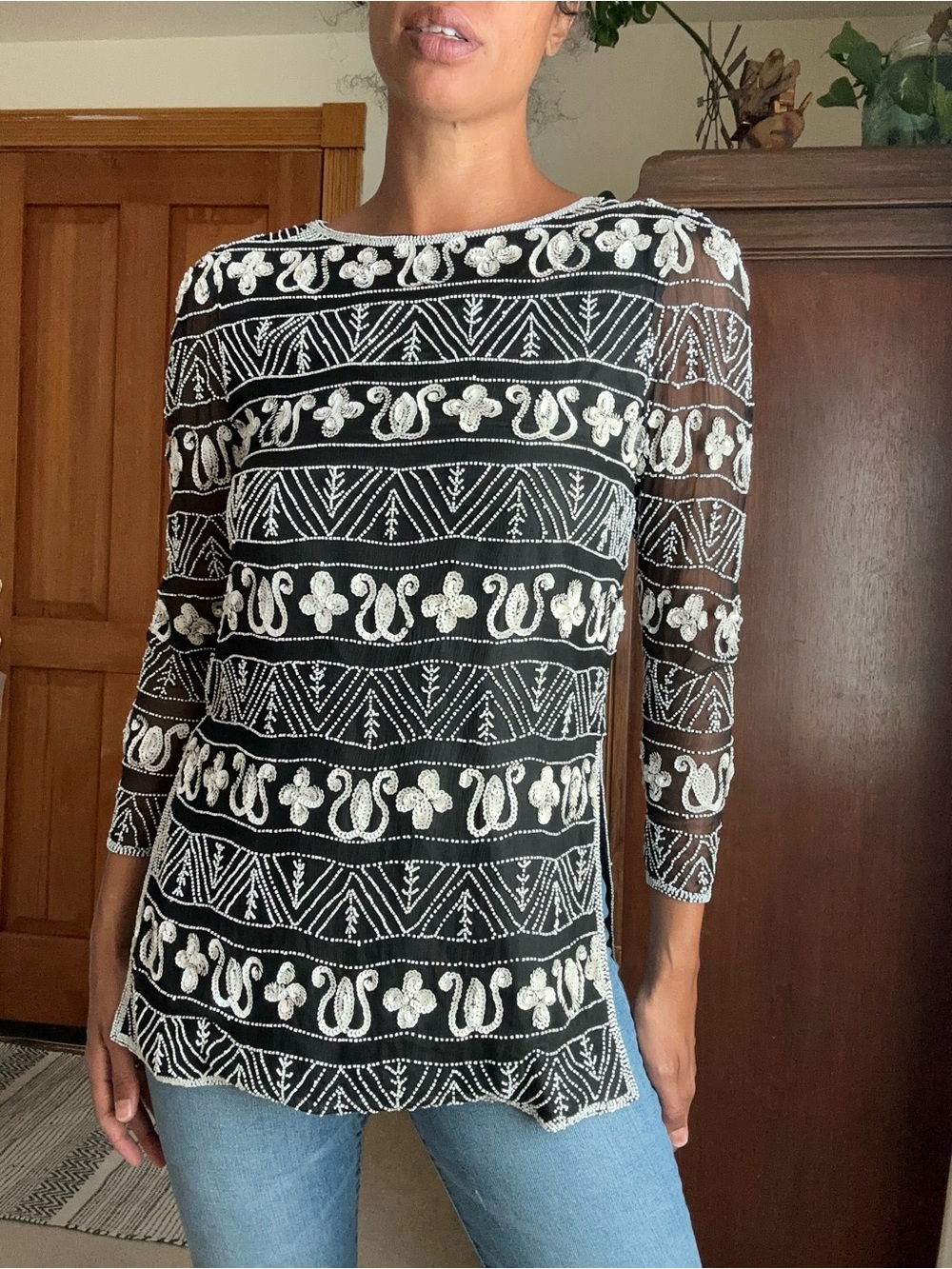 Black & White Beaded Embroidered Semi-Sheer Women's Top